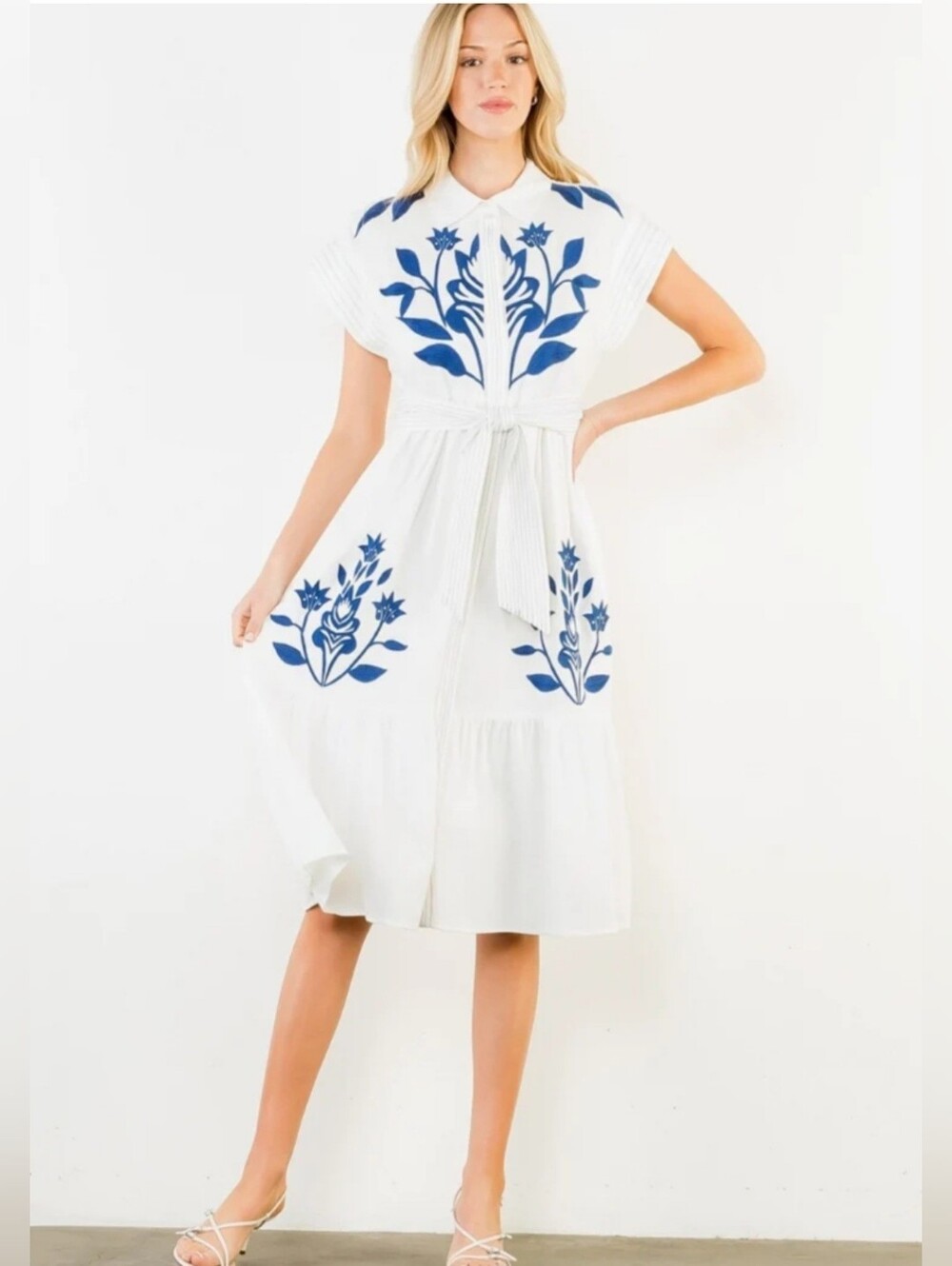 White Dress with Blue Floral Embroidery - Women's Shirt Dress